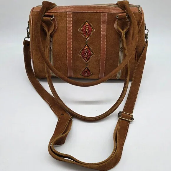 Vintage Brown Suede Satchel Embroidered Details & Multiple Zipper Pockets - Picture 8 of 13